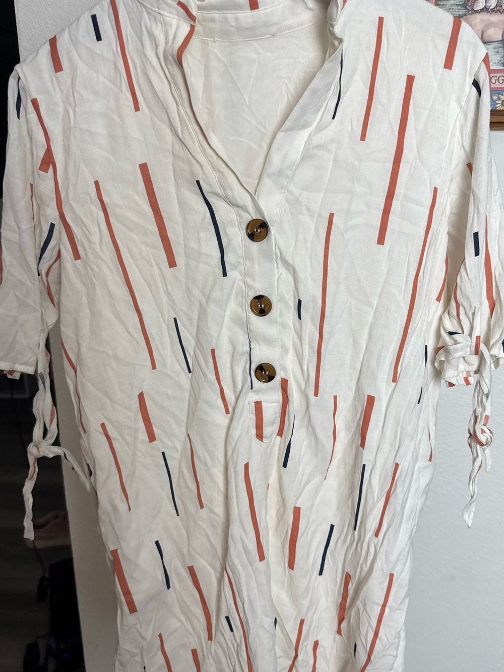 Women's Cream Button-Front Shirt Dress w/ Rust and Navy Stripe Lush Dress Size M